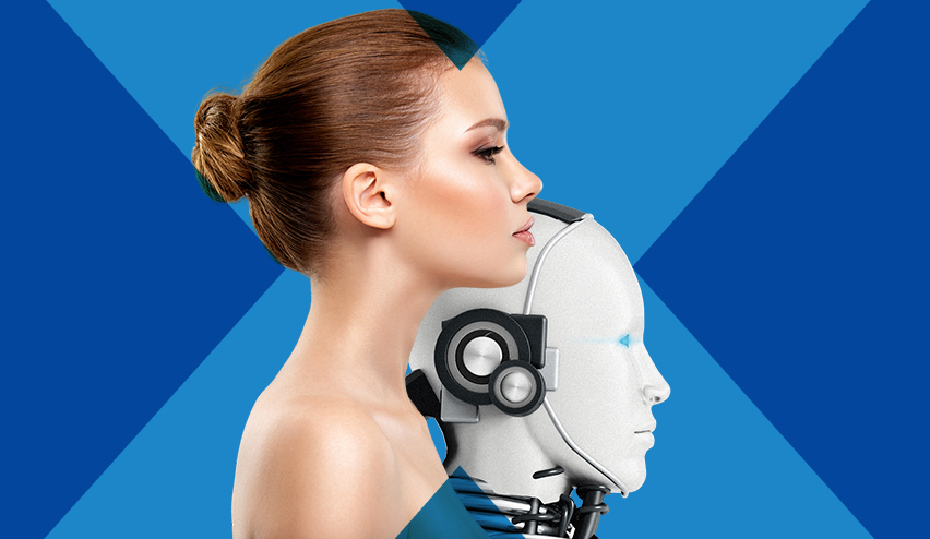 A woman standing beside a humanoid robot